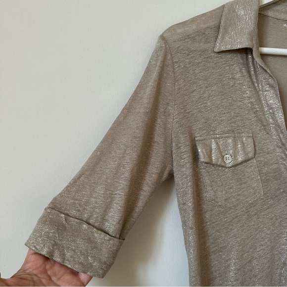 Majestic Filatures Paris Linen Button Down Metallic Shirt Top In Beige Size 2 - Picture 4 of 7